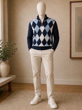 Brooks Brothers Merino Wool Argyle Quarter Button Sweater NWT Men's Medium Blue